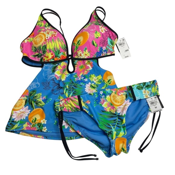 Bar III Plunge Neck Tankini Top & Shirred Side Hipster Bottoms Summer Spritz M - Picture 1 of 11